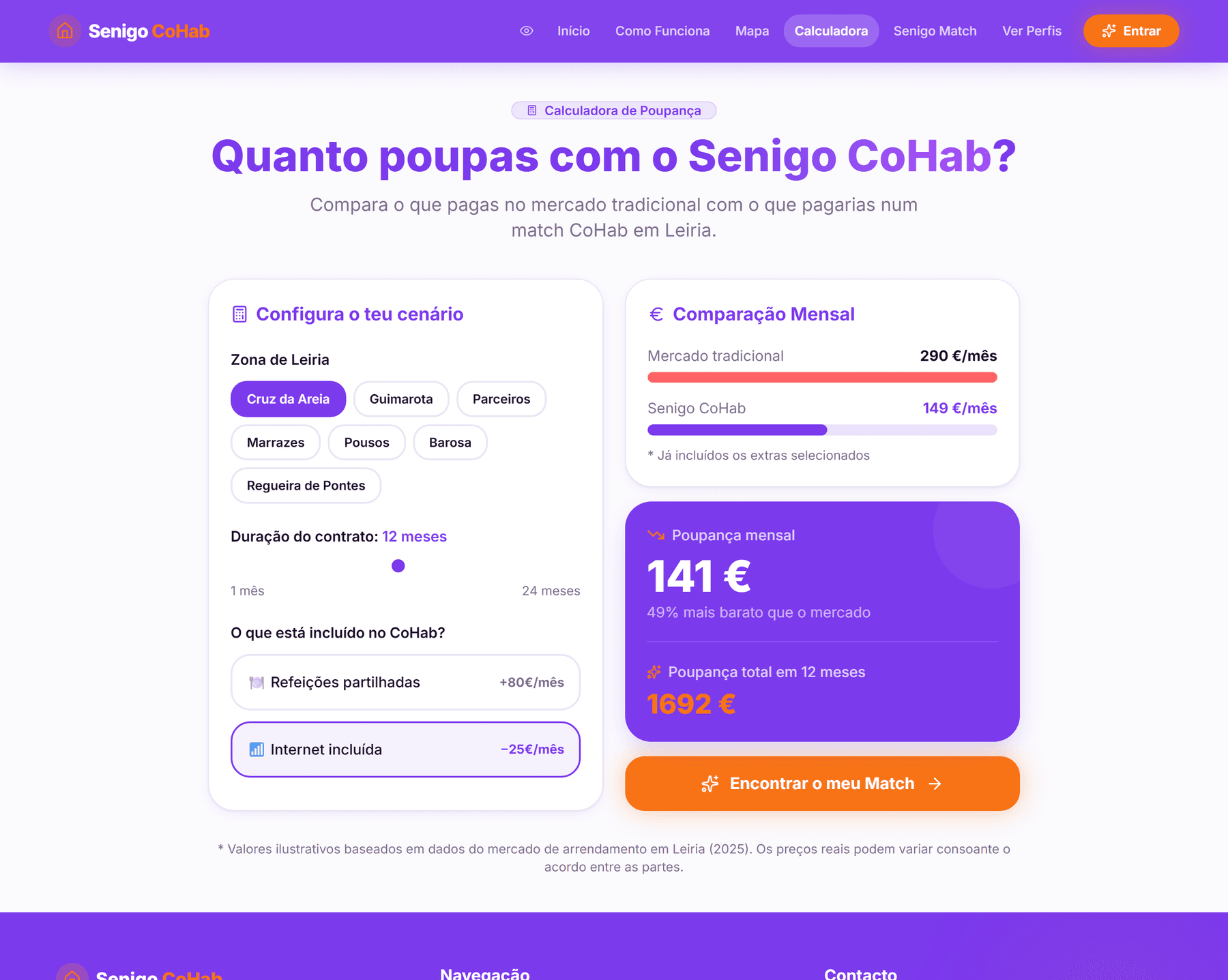 Calculadora de poupança com zonas de Leiria, duração do contrato e comparação mensal