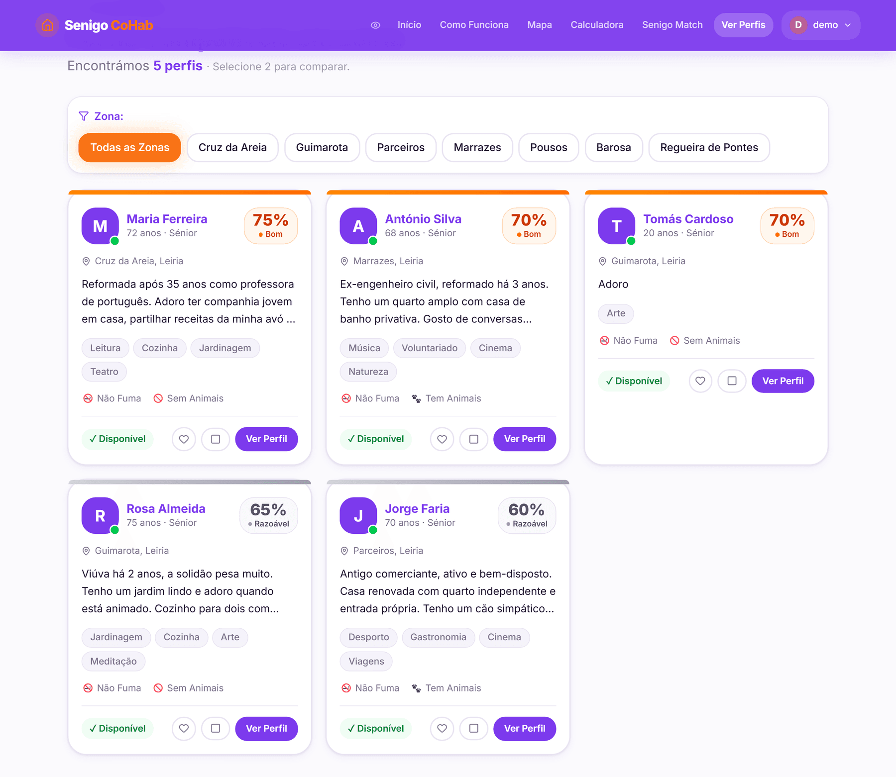 Cinco perfis compatíveis em cartões, com percentagem, faixa, interesses, hábitos e filtro por zona