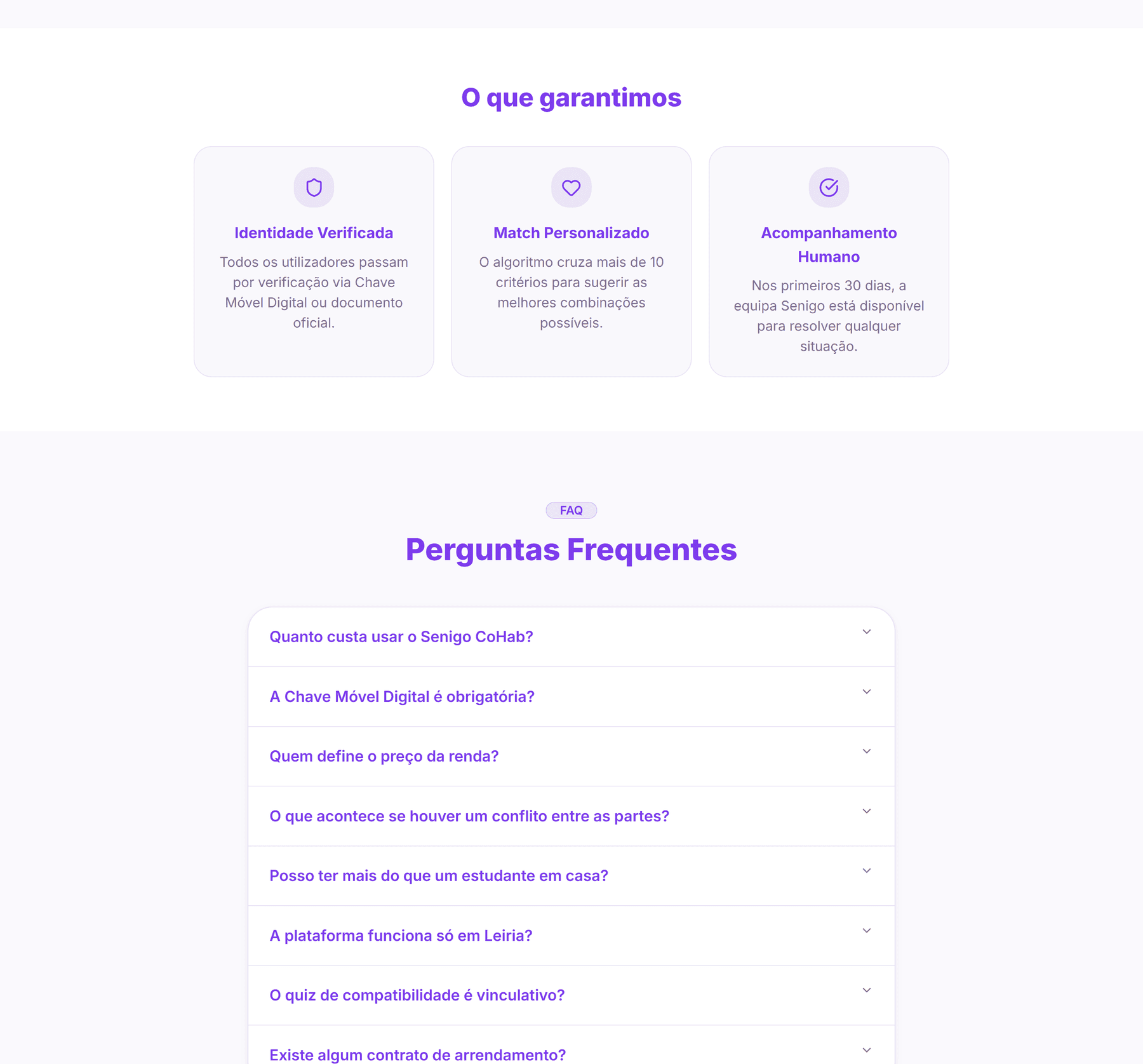Secção O que garantimos com três cartões, seguida das perguntas frequentes