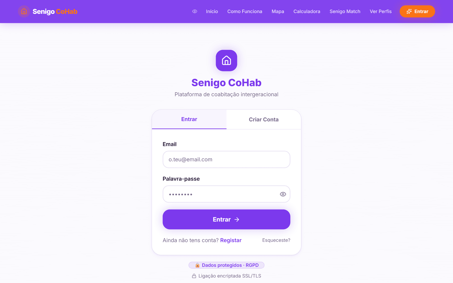 Ecrã de entrada e registo da SeniGo CoHab