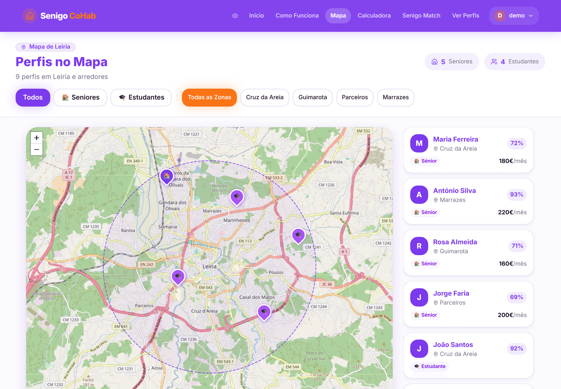 Mapa de Leiria com pins de seniores e estudantes, filtros por papel e zona, e lista lateral de perfis