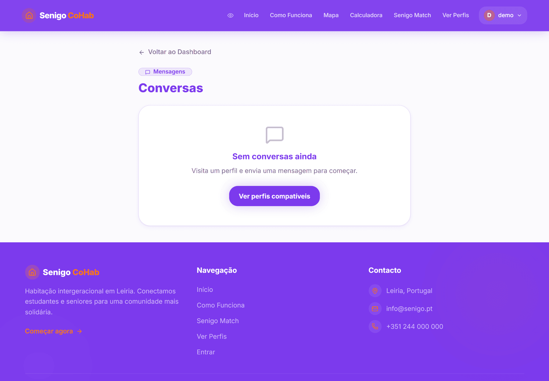 Página de conversas sem conversas ainda, com a ação seguinte sugerida