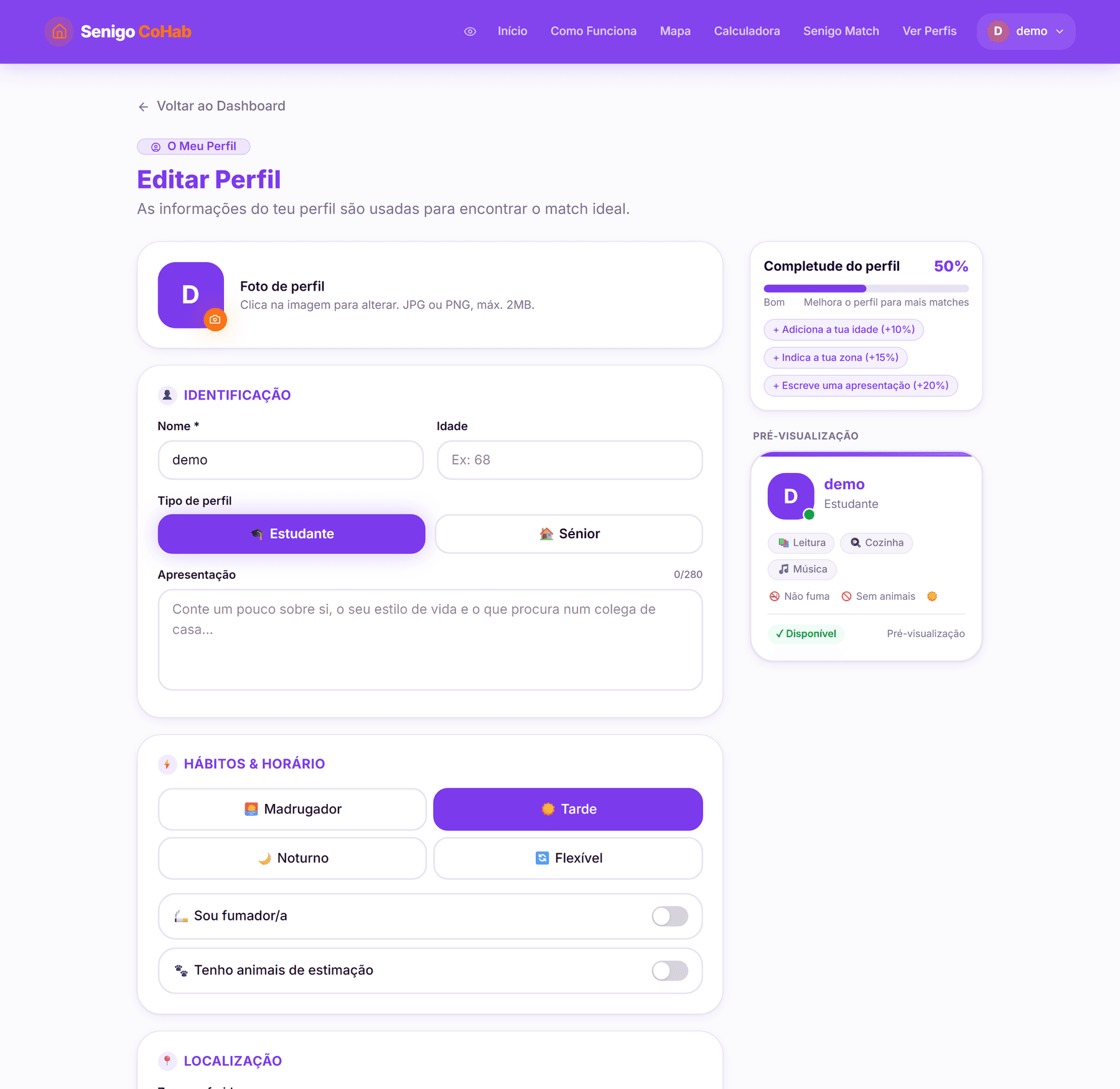 Editor de perfil com identificação, hábitos e horário, e pré-visualização do cartão ao lado