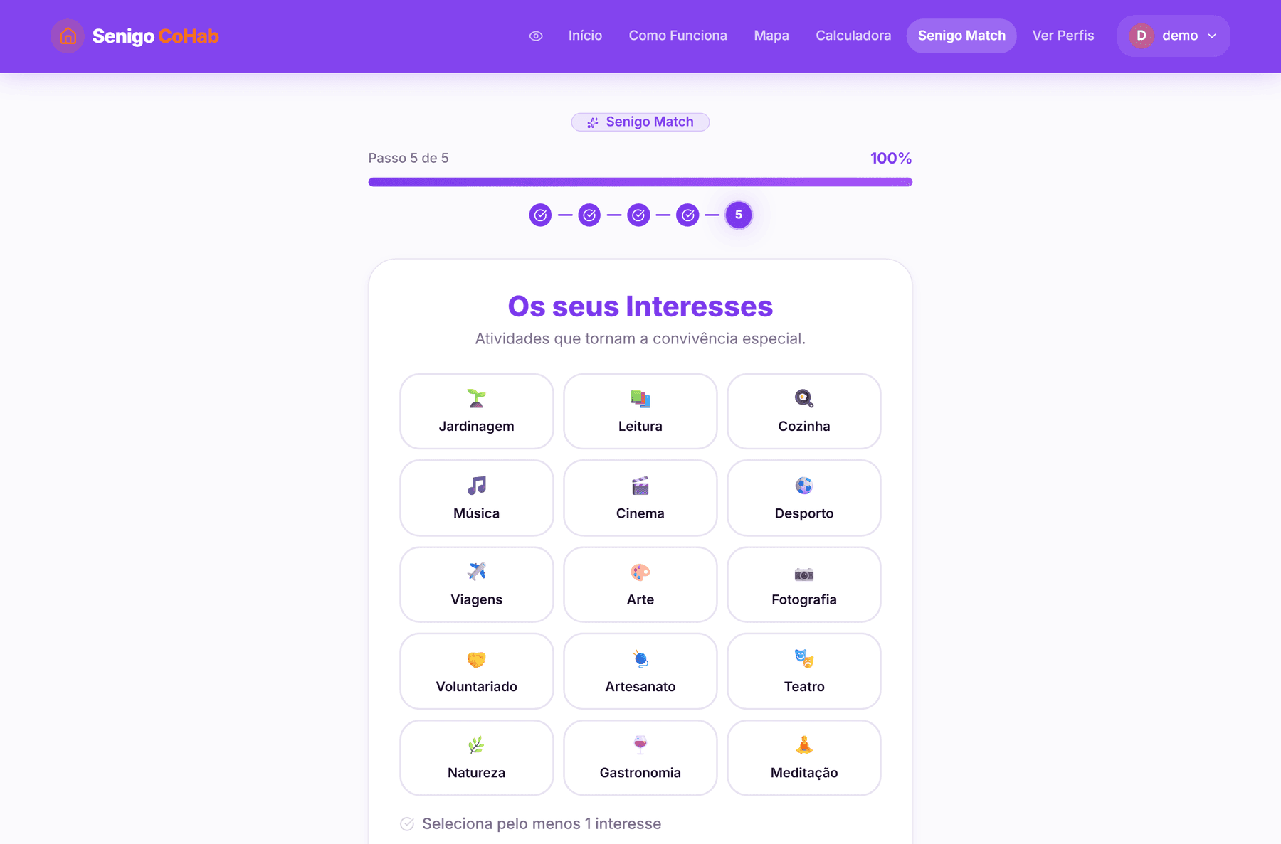 Passo 5 de 5 do Senigo Match, grelha de quinze interesses