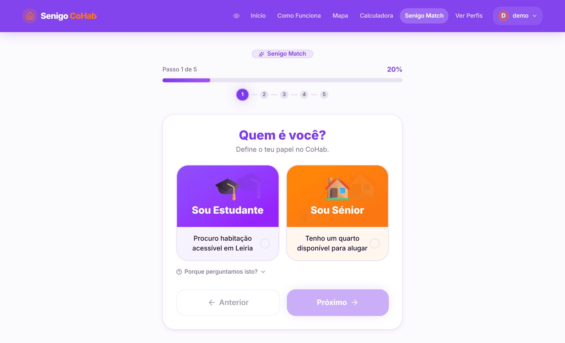 Passo 1 de 5 do Senigo Match, com as opções Sou Estudante e Sou Sénior