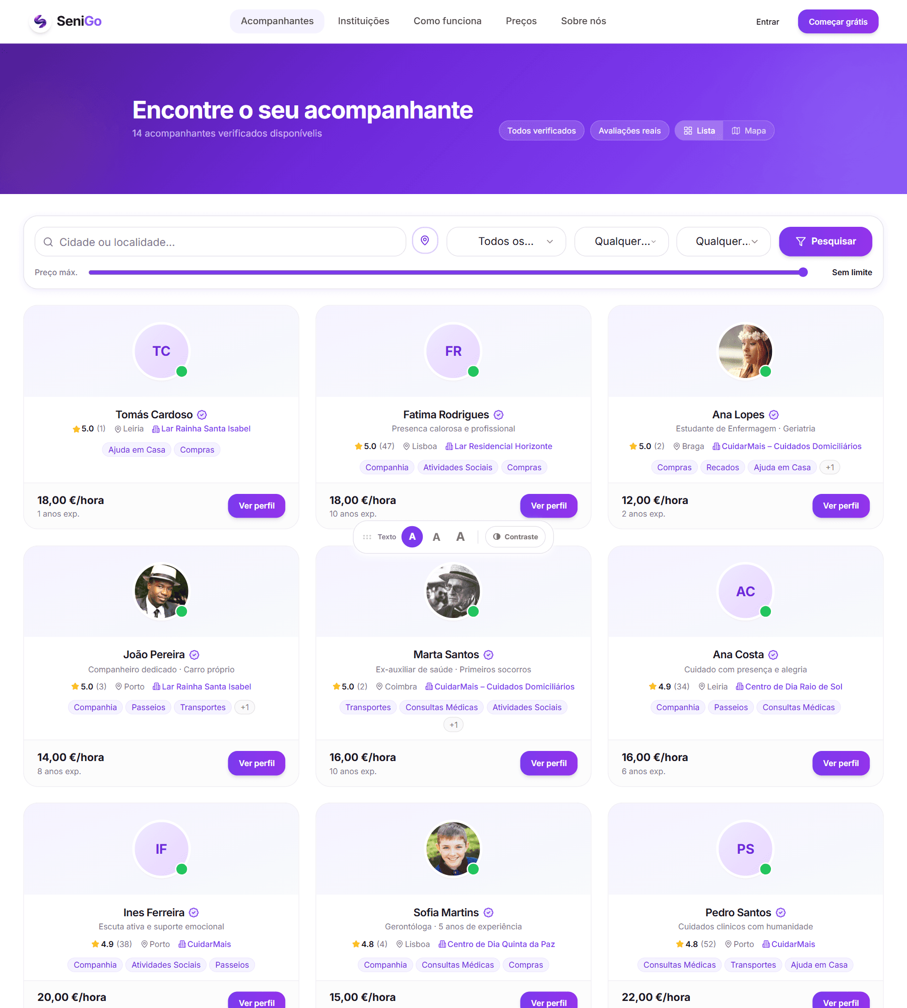 Pesquisa pública de acompanhantes com filtros de cidade, serviço e preço e cartões de acompanhantes verificados