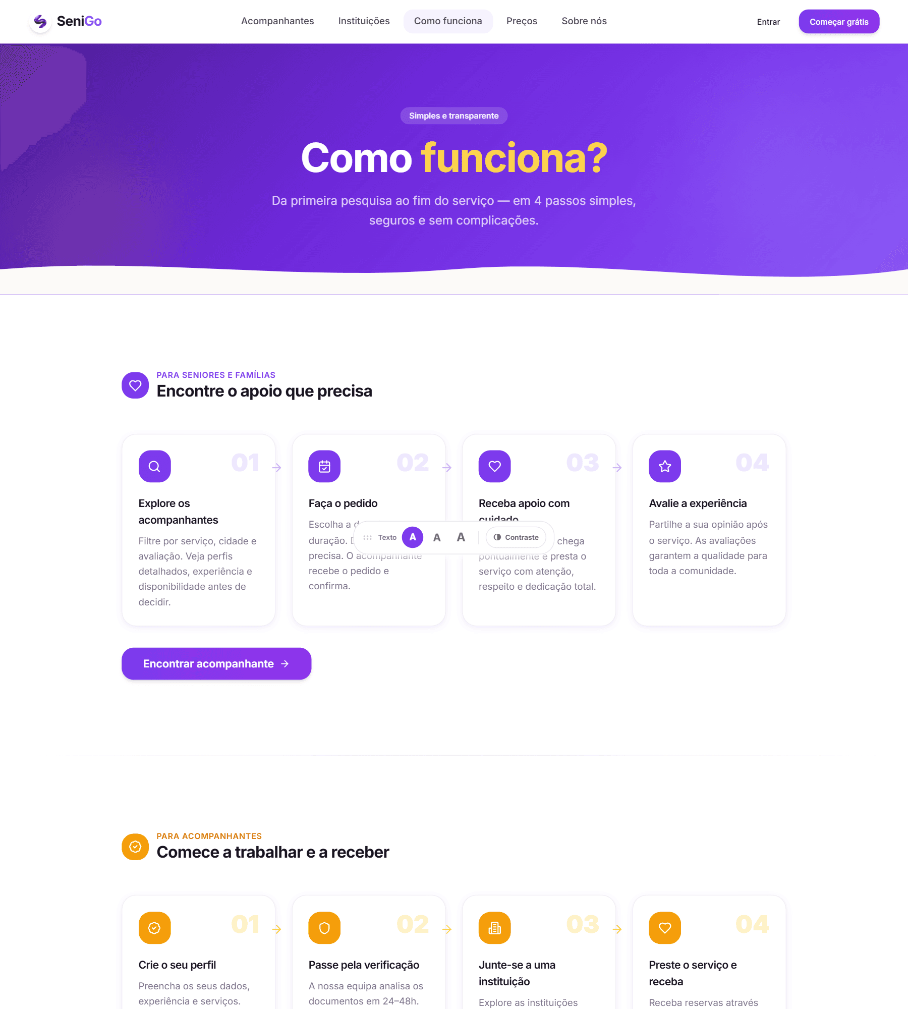 Página Como funciona com quatro passos para seniores e famílias e quatro para acompanhantes