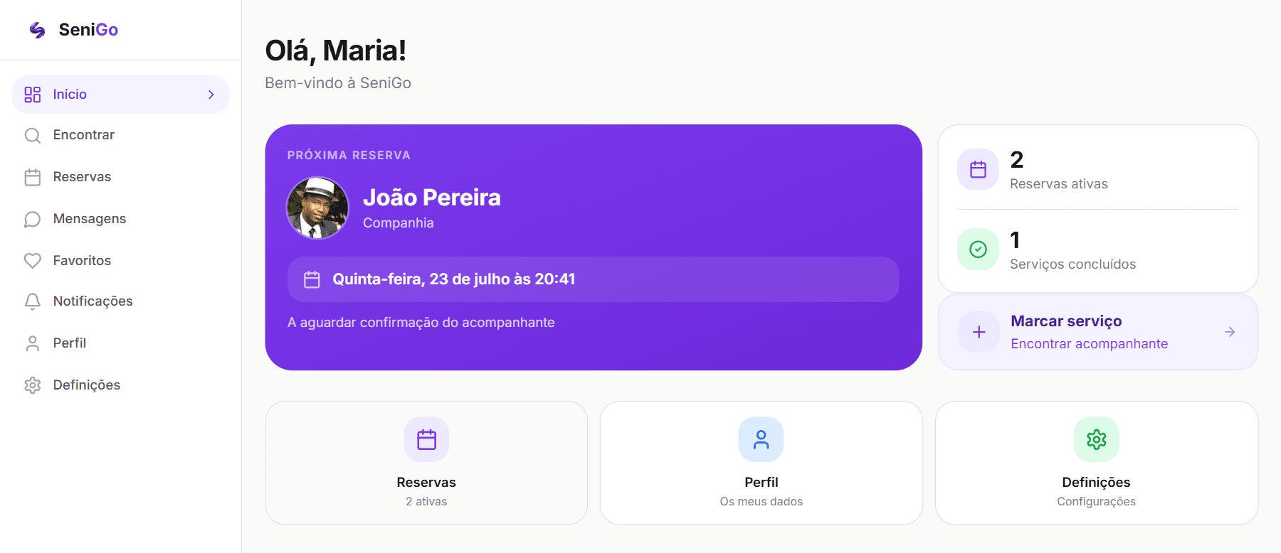 Painel do sénior com a barra lateral Início, Encontrar, Reservas, Mensagens, Favoritos, Notificações, Perfil, Definições