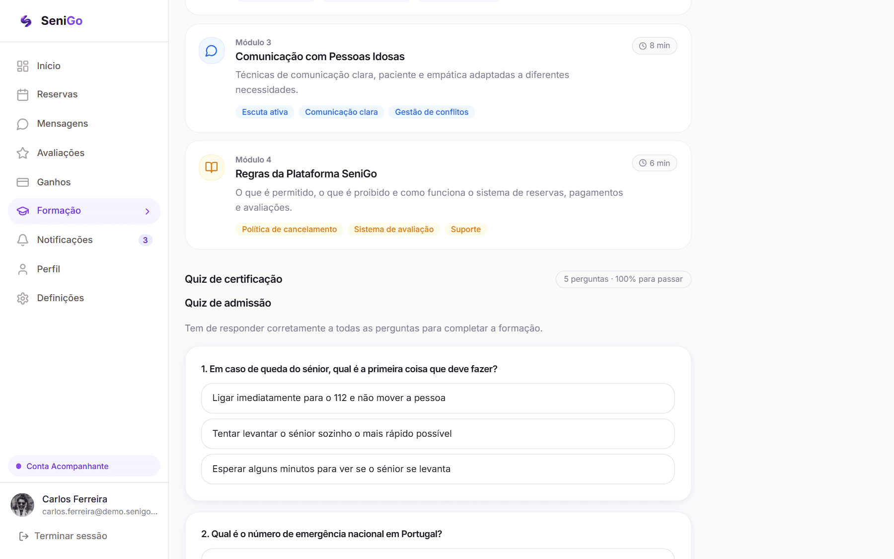 Quiz de certificação com cinco perguntas e cem por cento para passar
