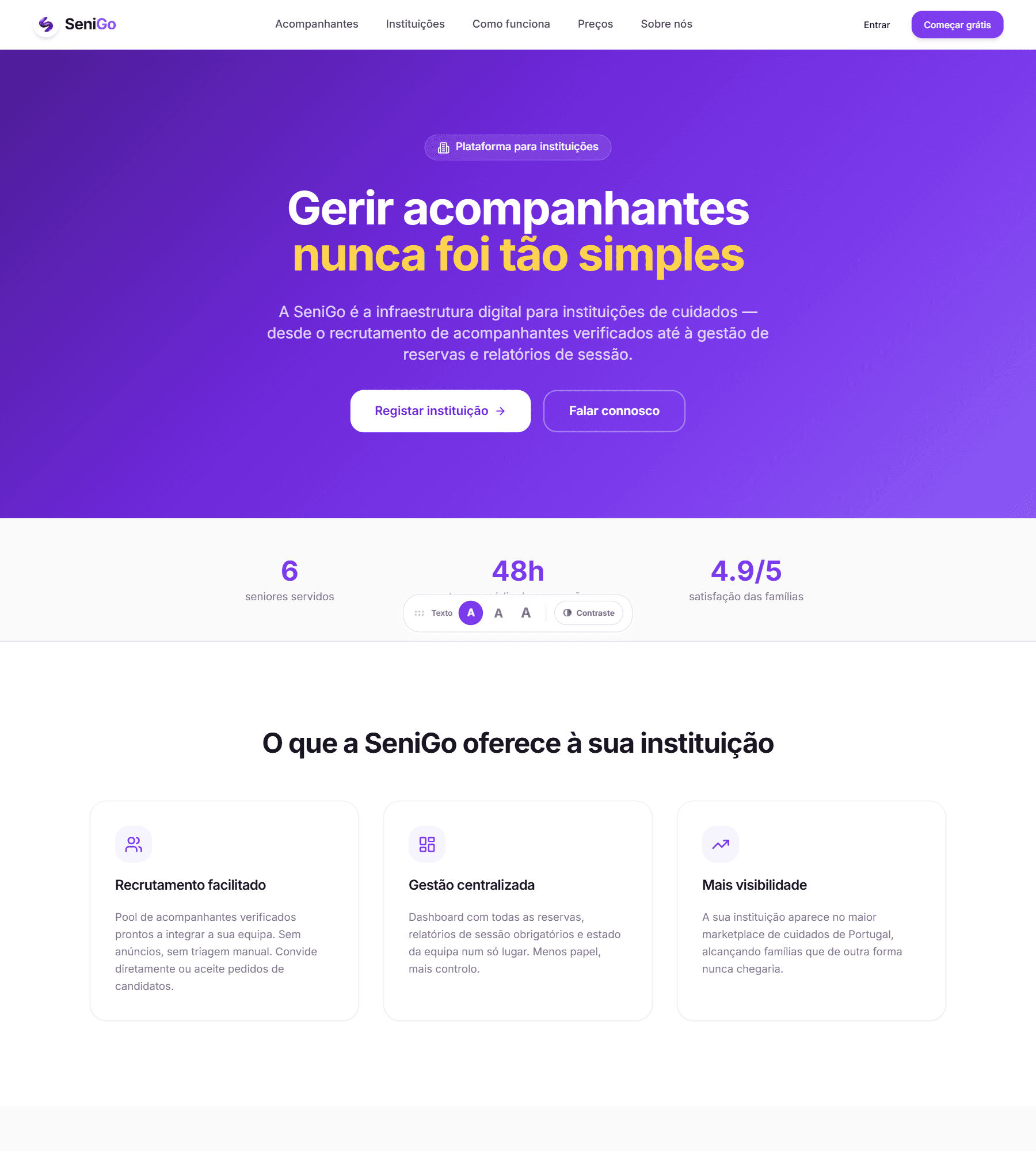 Página para instituições com chamadas para registar e falar connosco e o que a plataforma oferece