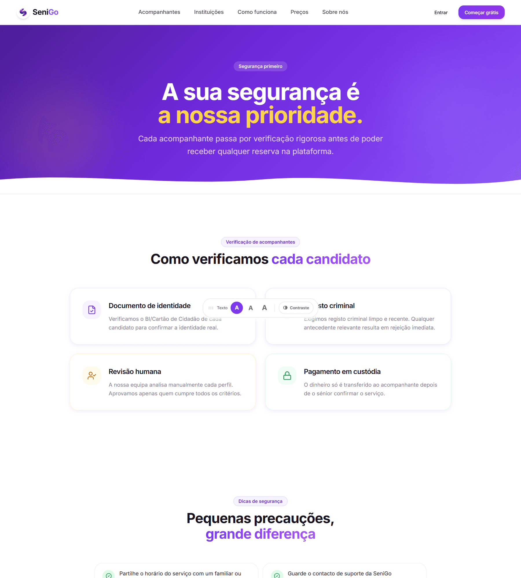 Página de segurança com documento de identidade, registo criminal, revisão humana e pagamento em custódia
