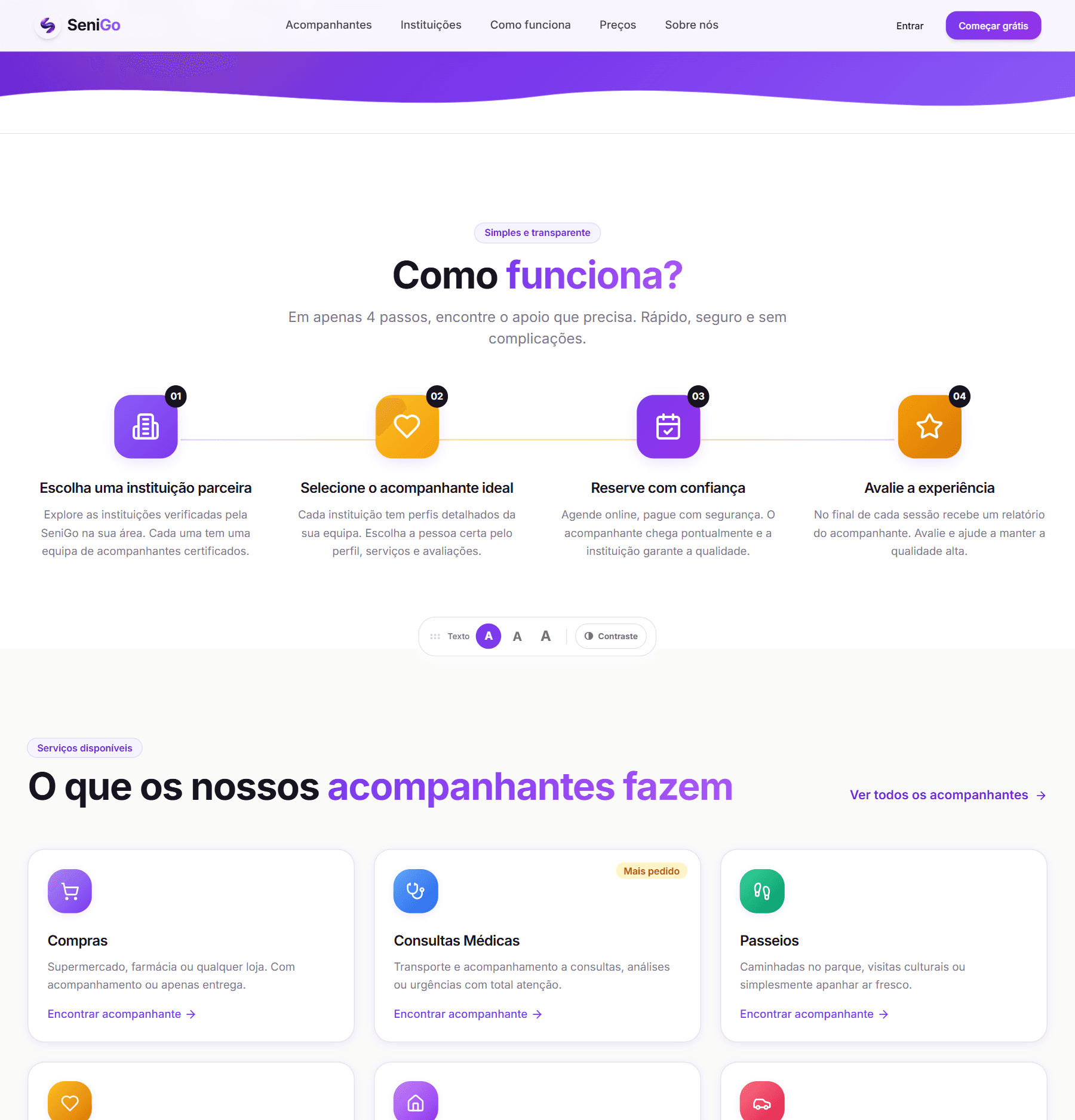 Passos de como funciona a SeniGo seguidos da grelha de serviços que os acompanhantes prestam